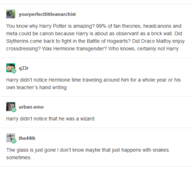 Image: Screenshot of a Tumblr post and responses to the post

Text: yourperfectlittleanarchist

You know why Harry Potter is amazing? 99% of fan theories, headcanons and meta could be canon because Harry is about as observant as a brick wall. Did Slytherins come back to fight in the Battle of Hogwarts? Did Draco Malfoy enjoy crossdressing? Was Hermione transgender? Who knows, certainly not Harry

q33r

Harry didn't notice Hermione time traveling around him for a whole year or his own teacher's hand writing

urban-emo 

Harry didn't notice that he was a wizard

the44th

The glass is just gone I don't know maybe that just happens with snakes sometimes.